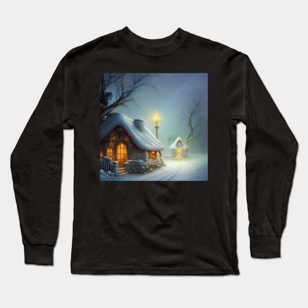 Magical Fantasy Cottage with Lights In A Snowy Scene, Scenery Nature Long Sleeve T-Shirt by Promen Art